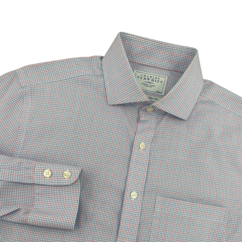 Charles Tyrwhitt Mens‎ 16/34 Slim Fit Dress Shirt French Cuff  Blue Red Check
